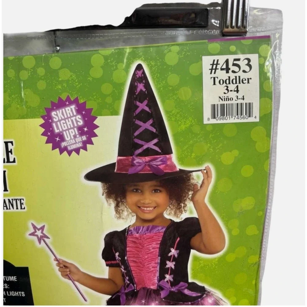 Toddler Girls Cute Sparkle Witch Halloween Costume Light Up Dress Hat Wand 3-4T